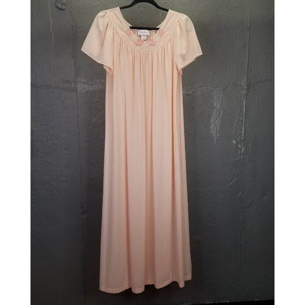 Shadowline Night Gown Sm Maxi Peach Pink Nylon Flower Embroidery Yoke Satin flaw